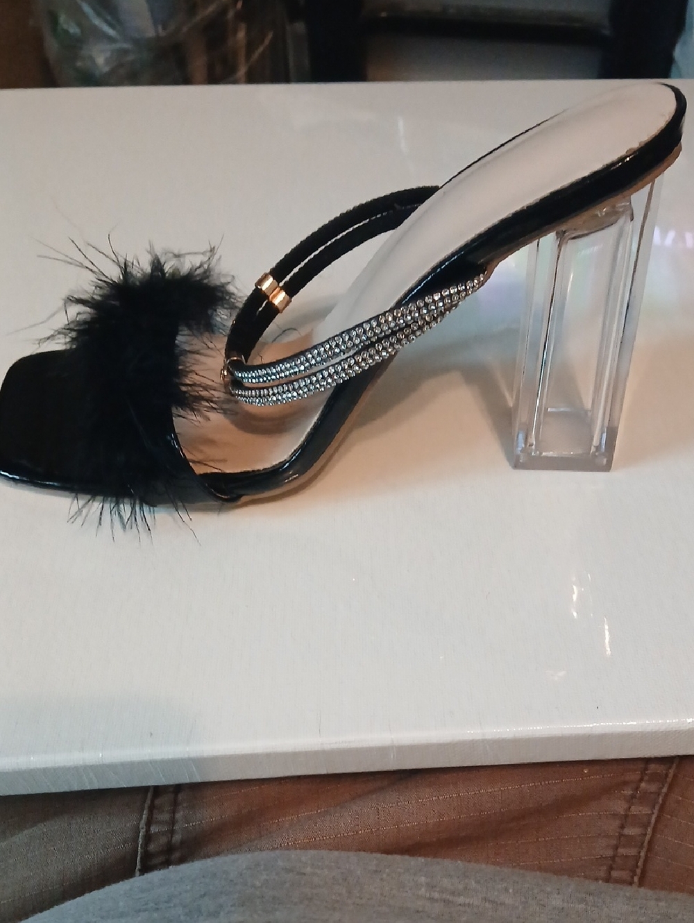 Women's Black Feather Slide Heel with Rhinestone Strap